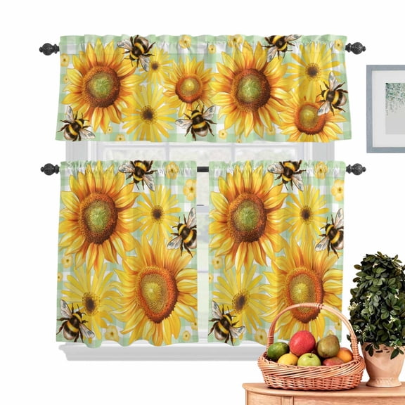Spring Flower Kitchen Curtains Valances 3 Piece Set, Country Yellow Daisy Sunflower Floral Bee Green Plaid Rod Pocket Tier Curtain and Valance Drapes for Small Window 36 Inch Length for Home