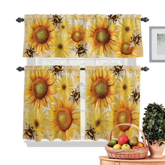 Spring Flower Kitchen Curtains Valances 3 Piece Set, Country Yellow Daisy Sunflower Floral Bee Linen Texture Rod Pocket Tier Curtain and Valance Drapes for Small Window 36 Inch Length for Home