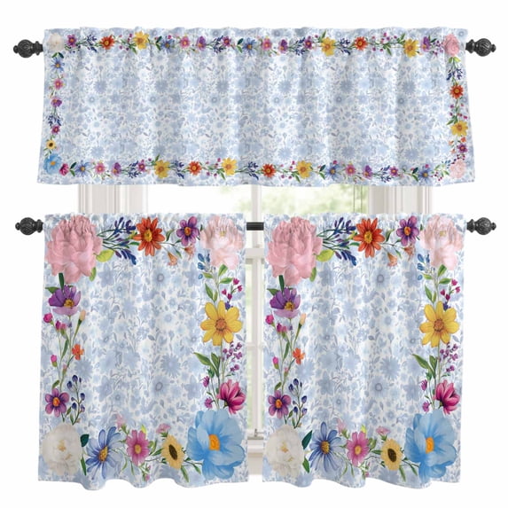 Spring Flower Kitchen Curtains Valances and Tiers Set of 3 Country Farm Watercolor Red Pink Blue Floral Green Leaf Tier Curtains and Valance with Rod Pocket for Small Windows, 27.5"x24"