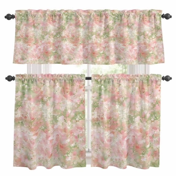 Spring Flower Kitchen Curtains Valances and Tiers Set of 3 Watercolor Vintage Gradient Pink Floral Green Plant Tier Curtains and Valance with Rod Pocket for Small Windows, 27.5"x24"