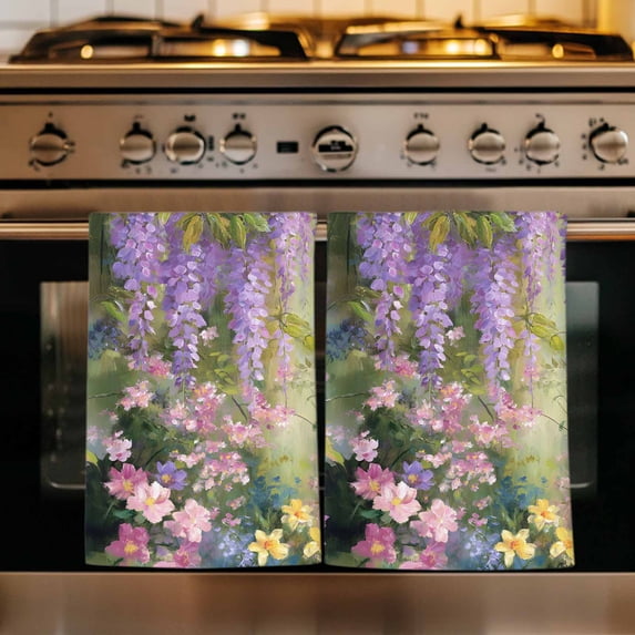 Spring Flower Kitchen Towels Set of 1, Garden Blossom Fantasy Floral Pastoral Oil Painting Absorbent Dish Towels for Kitchen, Microfiber Hand Towel, Quick Drying Tea Towel for Cleaning Dishcloths