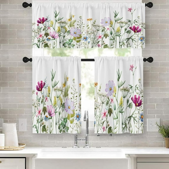 Spring Flower Kitchen Window Curtains Valance and Tier Set 36 Inch, Pink and Purple Floral 3 Piece Set Short Curtains for Window, Summer Window Treatment Tiers for Living Room Bedroom