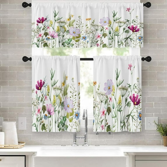 Spring Flower Kitchen Window Curtains Valance and Tier Set 36 Inch, Pink and Purple Floral Summer 3 Piece Set Short Curtains for Window Treatment Tiers for Living Room Bedroom