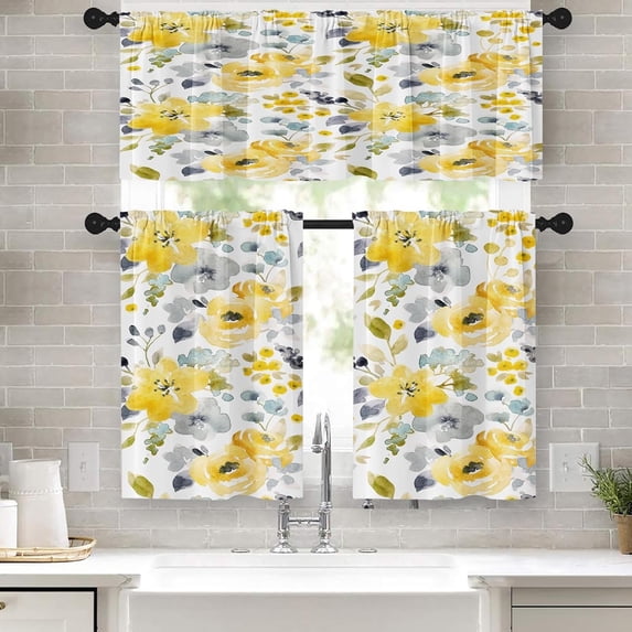 Spring Flower Kitchen Window Curtains Valance and Tier Set 36 Inch, Yellow Floral 3 Piece Set Short Curtains for Window, Summer Window Treatment Tiers for Living Room Bedroom
