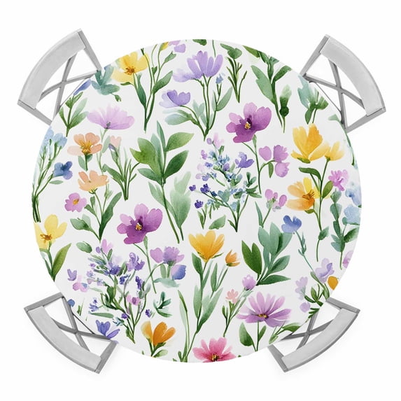 Spring Flower Leaf Elastic Fitted Round Table Cover Watercolor Country Waterproof Outdoor Tablecloth for Holiday Party, Picnic, Patio & Dining Fits Tables Up to 45"-54"