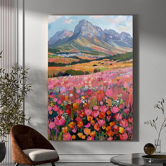 Spring Flower Meadow Art Mountain Landscape Poster Home Decor, 24x36 UNFRAMED