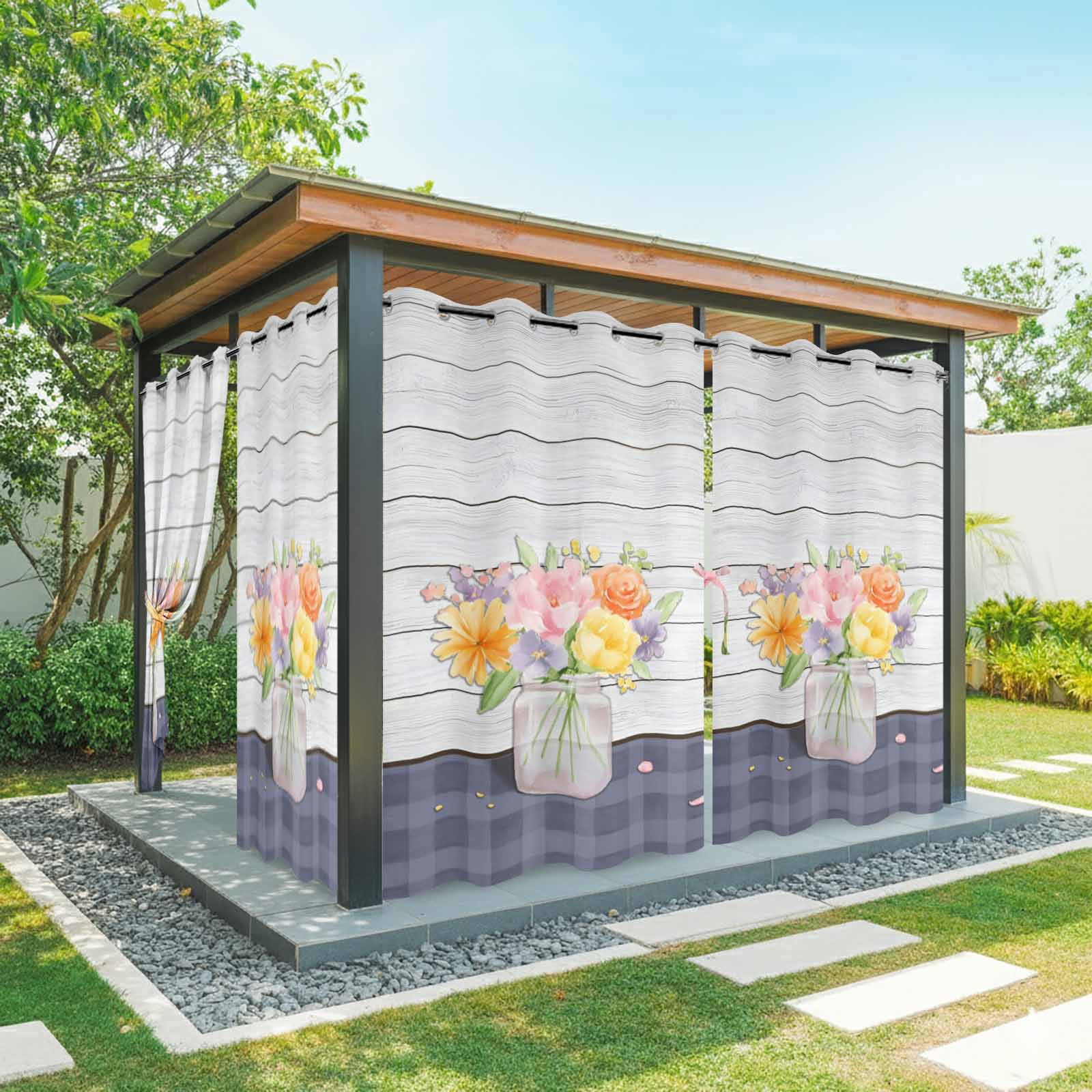Spring Flower Outdoor Curtains for Patio, Country Farmhouse Floral Bouquet Wood Grain Blue Plaid Sunshade Privacy Drapes Grommet Waterproof Outside Curtains for Porch/Cabana/Balcony 54"x108", 1 Panel
