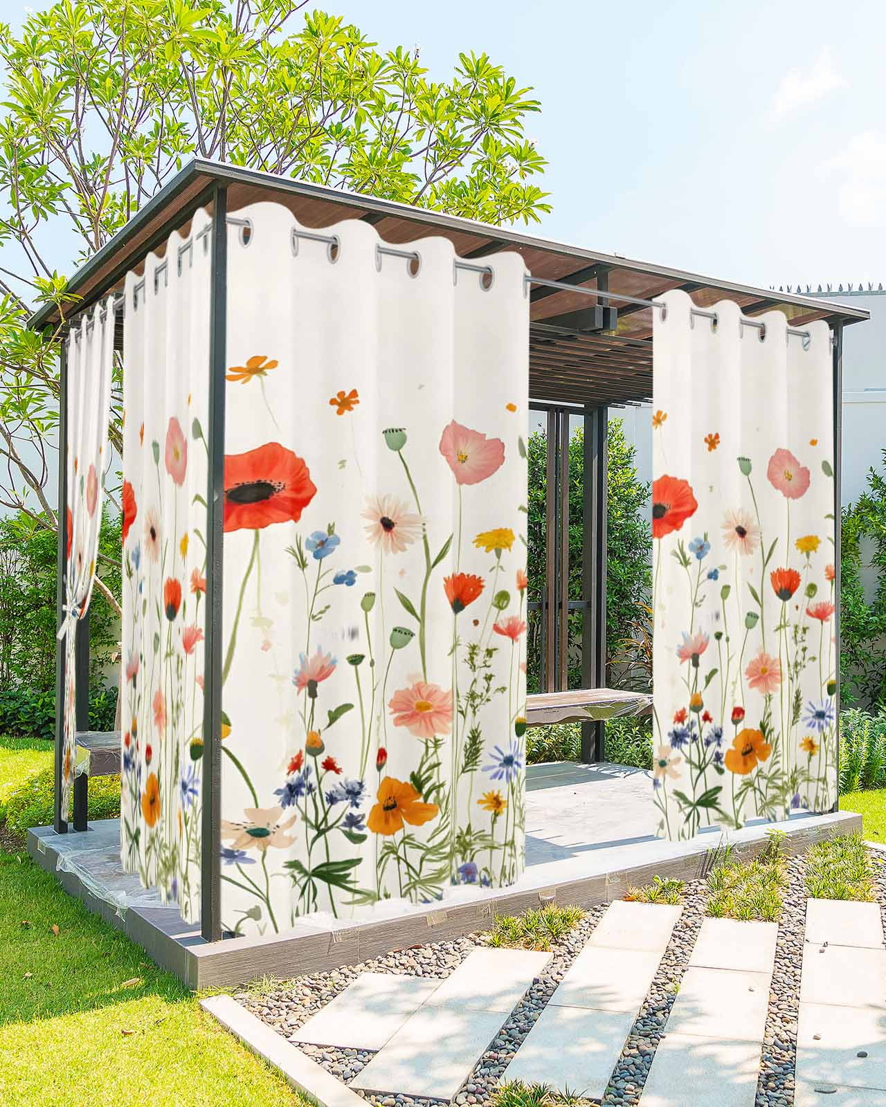 Spring Flower Outdoor Curtains for Patio, Rustic Watercolor Colorful Floral Green Leaf Plant Linen Texture Waterproof Weatherproof Outside Privacy Curtains Outdoor Drapes 54x108 Inch, 1 Panel