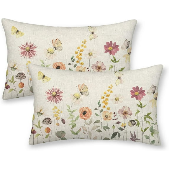 Spring Flower Pillow Covers 12X20 Inch Set of 2, Wildflower Butterfly Seasonal Holiday Decorative Throw Pillows Floral Cushion Cases for Home Couch Sofa Decor