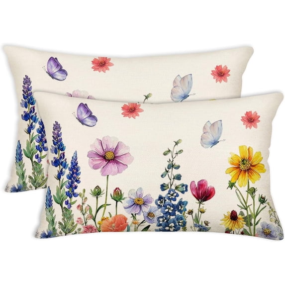 Spring Flower Pillow Covers 12x20 Inch Set of 2, Rustic Wildflowers Lavender Throw Pillows Summer Spring Decorations Floral Pillowcase Outdoor Decor Farmhouse Cushion Case for Couch Home