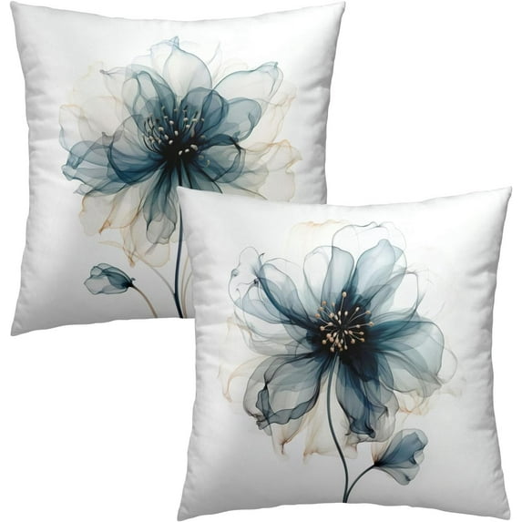 Spring Flower Pillow Covers 16x16 Inch Set of 2, Watercolor Blue Floral Throw Pillow Covers Square Cotton Cushion Cover for Home Couch Sofa Patio Bedroom Livingroom