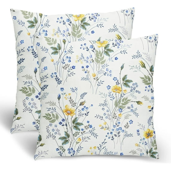 Spring Flower Pillow Covers 18x18, Blue and Yellow Floral Decorative Throw Pillows for Couch, Seasonal Nature Wild Flowers Decor Cushion Covers 2 Pcs Soft Farmhouse Square Pillowcase for Bed