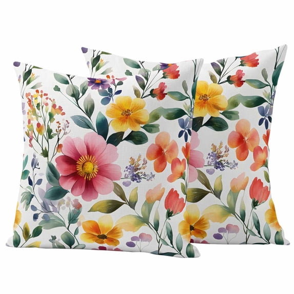 Spring Flower Pillow Covers 2 Pack Country Retro Watercolor Red Yellow Floral Green Leaf Pillowcase Waterproof Outdoor Throw Pillow Cover for Patio Garden Square Cushion 26”x26”