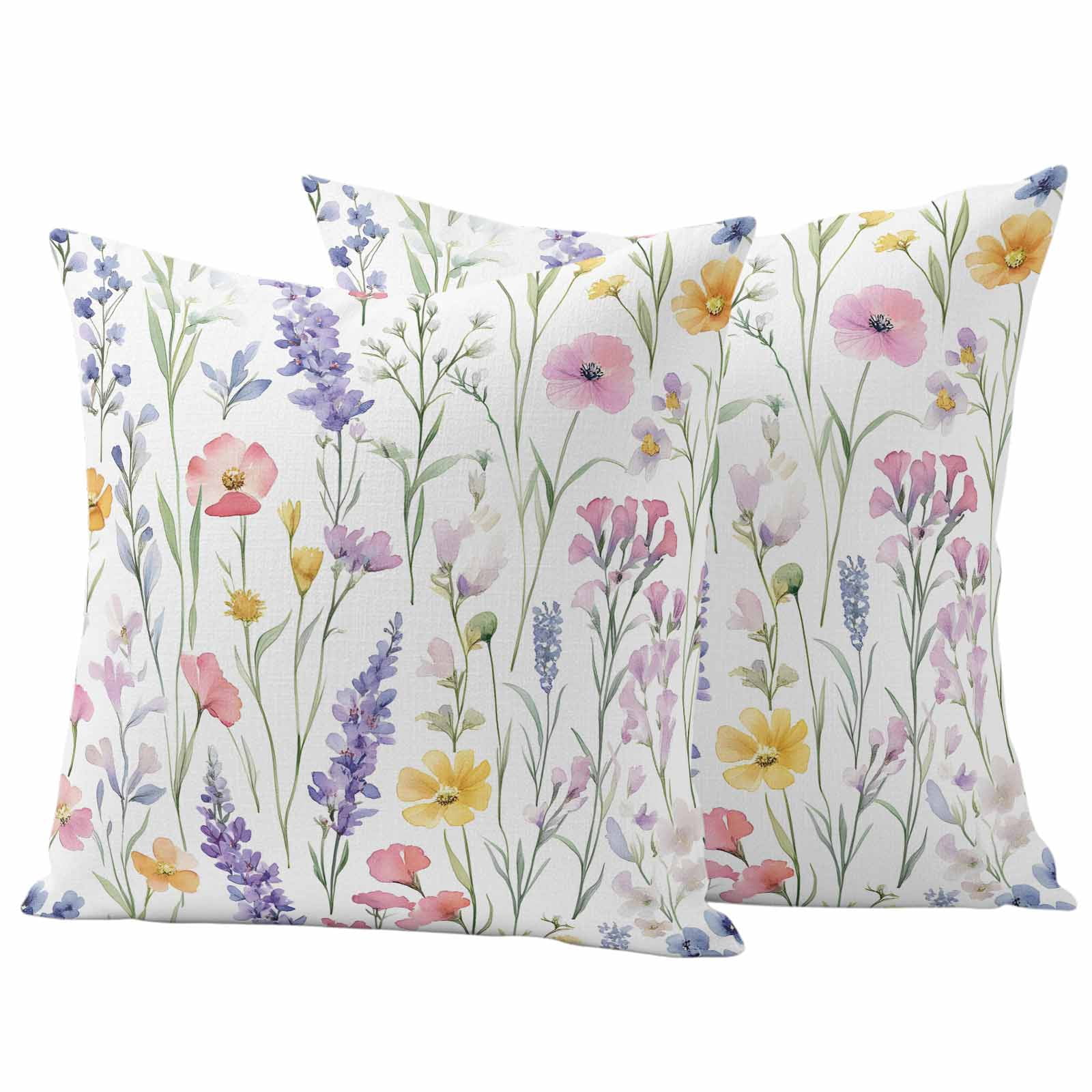 Spring Flower Pillow Covers 2 Pack Watercolor Retro Lavender Plant Wildflower Pillowcase Waterproof Outdoor Throw Pillow Cover for Patio Garden Square Cushion 24”x24”