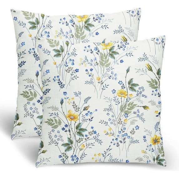 Spring Flower Pillow Covers 20x20, Blue and Yellow Floral Decorative Throw Pillows for Couch, Seasonal Nature Wild Flowers Decor Cushion Covers 2 Pcs Soft Farmhouse Square Pillowcase for Bed