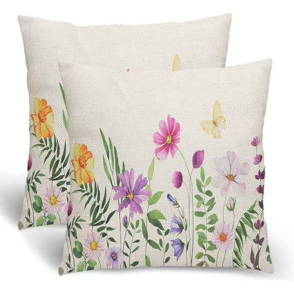 Spring Flower Pillow Covers 20x20, Seasonal Floral Outdoor Decorative Throw Pillows for Bed, Vintage Nature Wild Flowers Decor Cushion Covers 2 Pcs Soft Large Linen Pillowcase for Sofa Bed