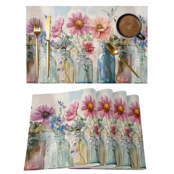 Spring Flower Placemats Set of 1, Watercolor Blue Pink Floral Vintage Oil Painting Non-Slip Place Mats Washable Table Mats for Kitchen Dining Table Decorations Indoor/Outdoor