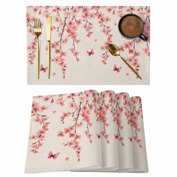 Spring Flower Placemats Set of 1, Watercolor Pink Cherry Blossom Floral Butterfly Linen Texture Non-Slip Place Mats Washable Table Mats for Kitchen Dining Table Decorations Indoor/Outdoor