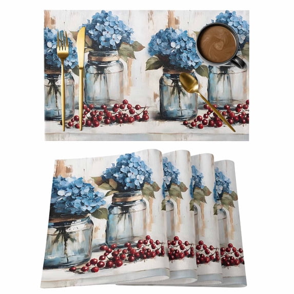 Spring Flower Placemats Set of 12, Blue Hydrangeas Floral in Bottle Watercolor Non-Slip Place Mats Washable Table Mats for Kitchen Dining Table Decorations Indoor/Outdoor