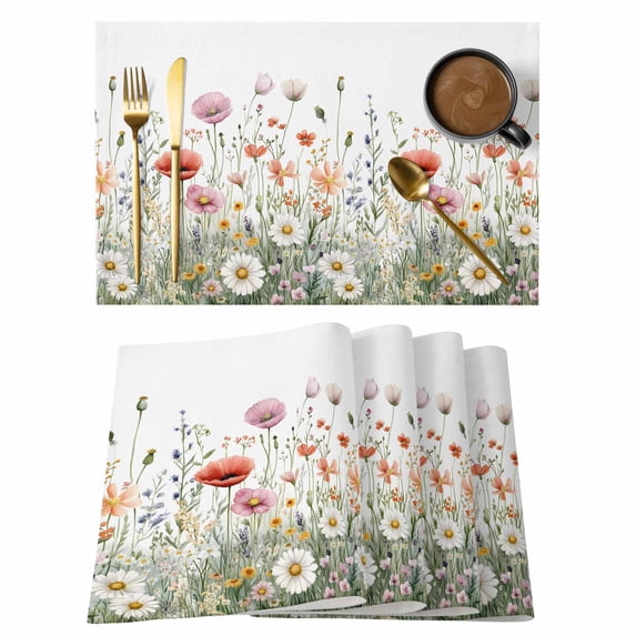 Spring Flower Placemats Set of 12, Pink White Red Floral Leaves Natural Non-Slip Place Mats Washable Table Mats for Kitchen Dining Table Decorations Indoor/Outdoor