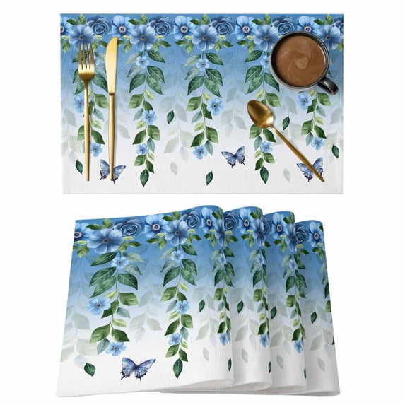Spring Flower Placemats Set of 8, Watercolor Blue Flowers Leaf Butterfly Gradient Blue Non-Slip Place Mats Washable Table Mats for Kitchen Dining Table Decorations Indoor/Outdoor