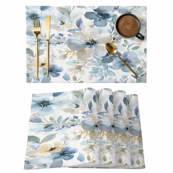Spring Flower Placemats Set of 8, Watercolor Blue Yellow Petal Wildflowers Leaf Non-Slip Place Mats Washable Table Mats for Kitchen Dining Table Decorations Indoor/Outdoor