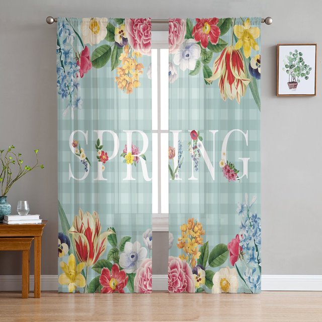 Spring Flower Plaid Background Sheer Tulle Window Curtains For Living ...