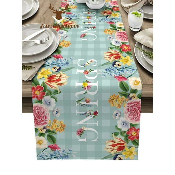 Spring Flower Plaid Table Runner Home Wedding Decor Table Flag Mat Table Centerpieces Decoration Party Dining Long Tablecloth
