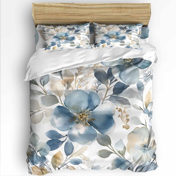 Spring Flower Queen Size Comforter Set, Vintage Blue Yellow Foral Leaves Wildflowers Soft Bedding for All Seasons, 4 Pcs Bed Set with 1Comforter (90"x92") ,1 Sheet(94"x116"), 2 Pillowcases (19"x29")