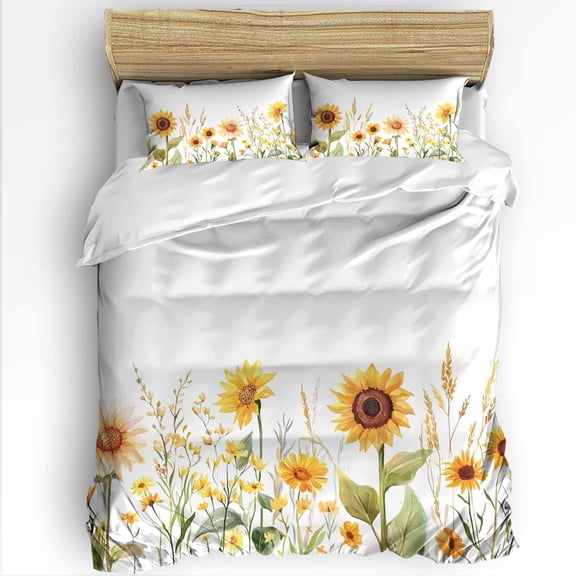 Spring Flower Queen Size Comforter Set, Yellow Sunflower Floral Retro Rural Soft Bedding for All Seasons, 4 Pcs Bed Set with 1Comforter (90"x92") ,1 Sheet(94"x116"), 2 Pillowcases (19"x29")