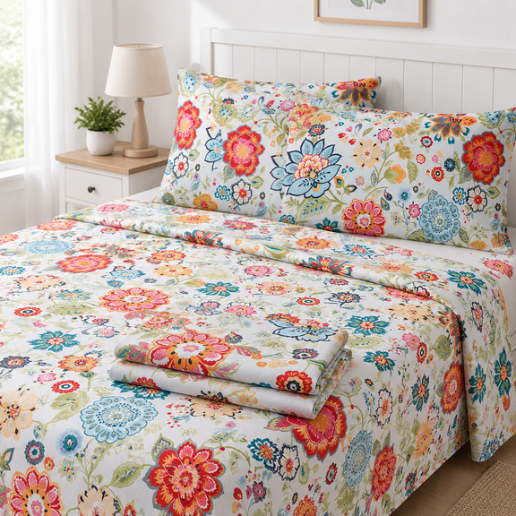 Spring Flower Queen Size Floral Bed Sheet Set with Deep Pockets