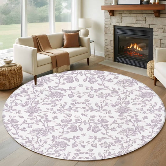 Spring Flower Round Area Rug 6 FT, Non Slip Bedroom Rugs, Vintage Farmhouse Light Purple Boho Leaf Washable Soft Circular Carpet Non-Shedding Floor Mat for Kitchen Dining Room Home Office Kids Room