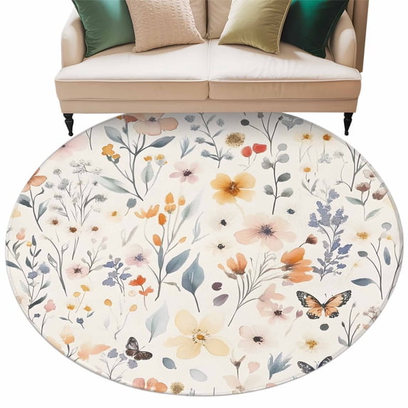 Spring Flower Round Area Rug 5ft Watercolor Floral Butterfly Leaf Plant Vintage Non-Slip Washable Circle Rugs Soft Felt Indoor Floor Mat for Bedroom Kitchen Living Room Bathroom