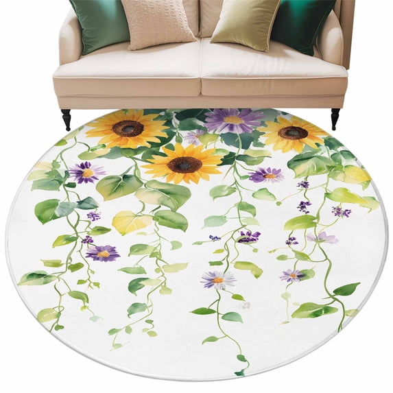 Spring Flower Round Area&nbsp;Rug 5ft Watercolor Yellow Sunflower Purple Floral Green Leaf Plant Non-Slip&nbsp;Washable Circle Rugs Soft Felt Indoor Floor Mat for Bedroom Kitchen Living Room Bathroom