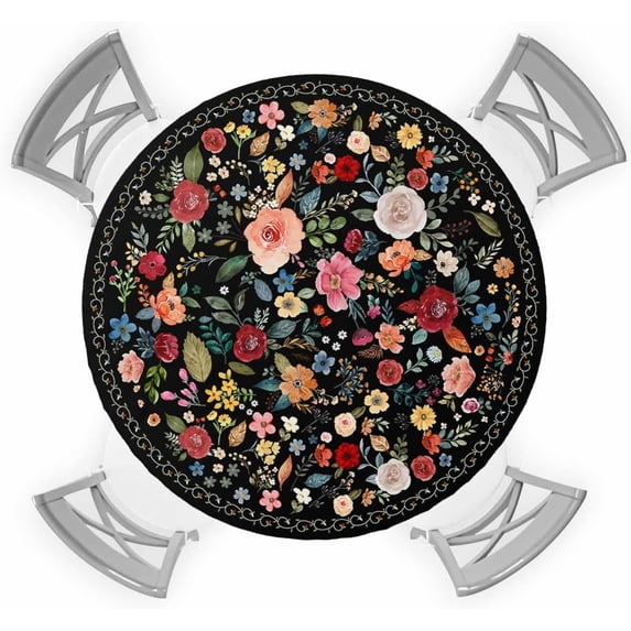 Spring Flower Round Fitted Tablecloth Colorful Wildflowers Leaf Black Watercolor Elastic Table Cloth Waterproof Oil Proof Seasonal Floral Table Cover Fits 45"-54" Round Tables for Party Dinner Decor