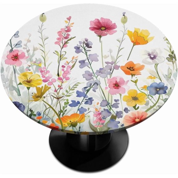 Spring Flower Round Fitted Tablecloth with Elastic Edge 36"-42" Fitted Table Cloth for Round Table Circular Table Cover Waterproof Wipeable Round Elastic Table Cloth