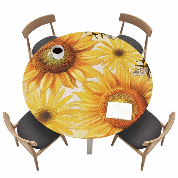 Spring Flower Round Fitted Tablecloth with Elastic Edge Watercolor Country Yellow Daisy Sunflower Floral Bee Linen Texture Table Cover Fit for 55"-60" Tables Waterproof Tablecloths for Dinner Picnic