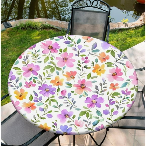 Spring Flower Round Fitted Tablecloth with Elastic Edge 52" Table Cloth Waterproof Reusable Outdoor Round Table Cover for Kitchen Picnic Patry