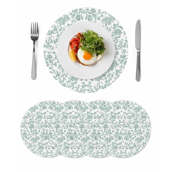 Spring Flower Round Placemats Set of 4 for Dinning Tables,Heat-proof Braided Table Mats 13 Inch,Vintage Farmhouse Turquoise Boho Leaf Washable Place Mat for Kitchen Restaurant Party Table Decor