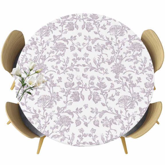 Spring Flower Round Tablecloth 36-44 Inch Round Fitted Table Cloth with Elastic Edge, Vintage Farmhouse Light Purple Boho Leaf Waterproof Table Cover Protector for Outdoor Picnic Party Dining