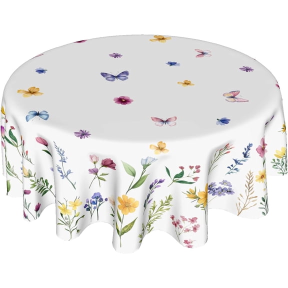 Spring Flower Round Tablecloth Spring Summer Floral Tablecloth Round 60 Inch Watercolor Wildflower Table Cloth Spring Butterfly Farmhouse Table Covers for Kitchen Dinner Picnic Party Indoor Outdoor