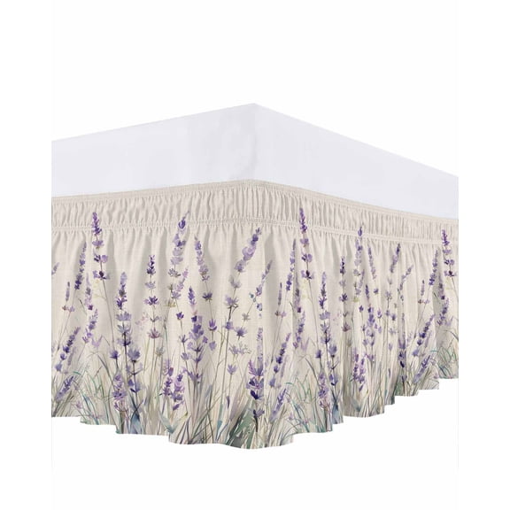 Spring Flower Ruffle Bed Skirt California King Size Vintage Purple Lavender Linen Texture Adjustable Elastic Dust Bed Skirts Wrap Around Bedskirt Wrinkle Free Easy Fit with 18 Inch Drop