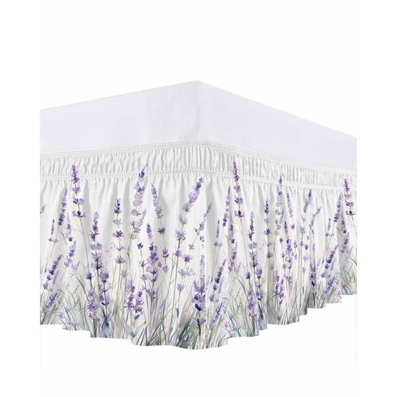 Spring Flower Ruffle Bed Skirt King Size Vintage Purple Lavender Plant Adjustable Elastic Dust Bed Skirts Wrap Around Bedskirt Wrinkle Free Easy Fit with 18 Inch Drop