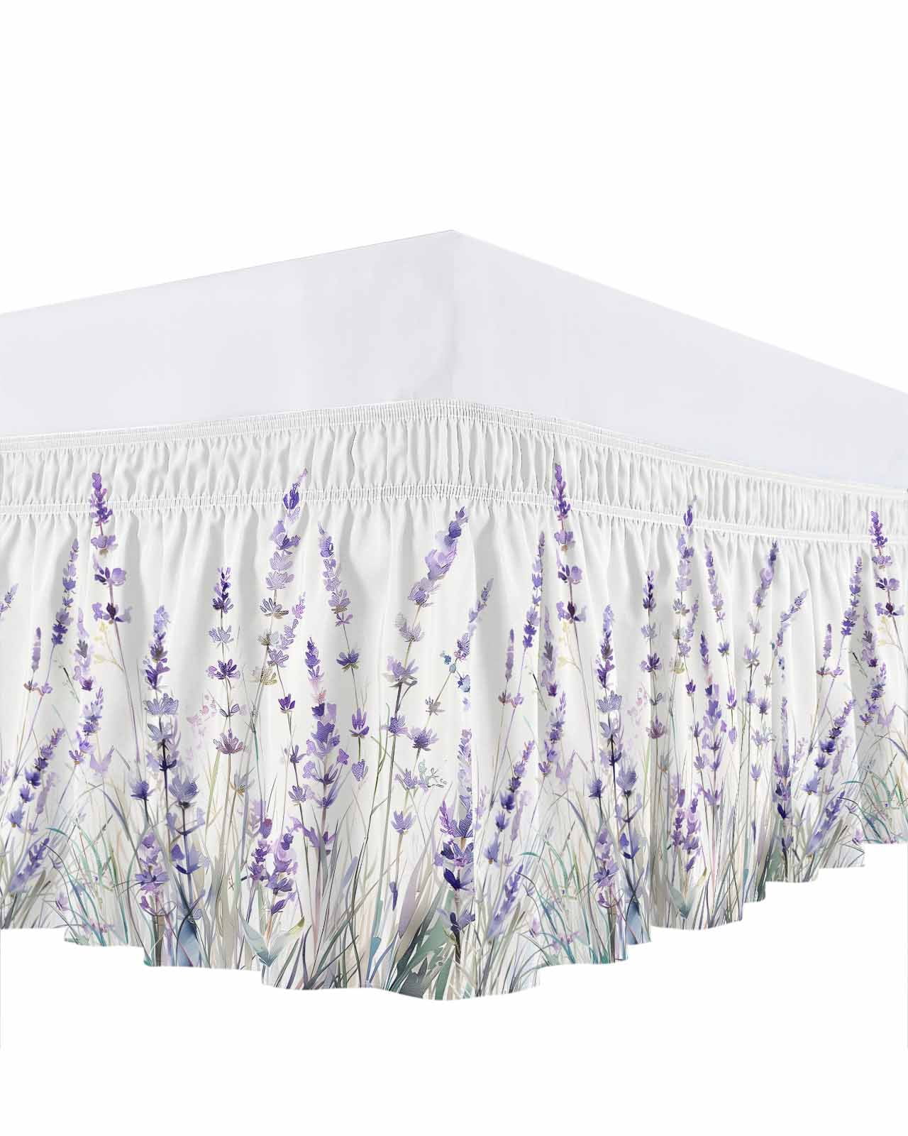 Spring Flower Ruffle Bed Skirt Queen Size Vintage Purple Lavender Plant Adjustable Elastic Dust Bed Skirts Wrap Around Bedskirt Wrinkle Free Easy Fit with 16 Inch Drop