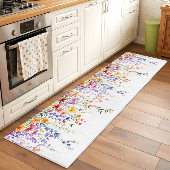 Spring Flower Runner Rugs 2x6 ft Colorful Watercolor Floral Retro Washable Hallway Rugs Non-Slip Floor Mats Absorbent Carpet Bedside Runners for Bedroom Kitchen Bathroom Laundry Room