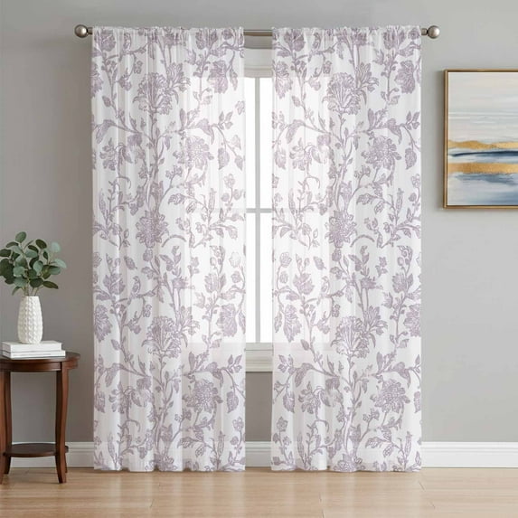 Spring Flower Semi Sheer Curtains 96 Inch Length 2 Panels Set, Vintage Farmhouse Light Purple Boho Leaf Sheer Kitchen Curtain Privacy Voile Window Curtain for Living Room Bedroom Rod Pocket Drapes