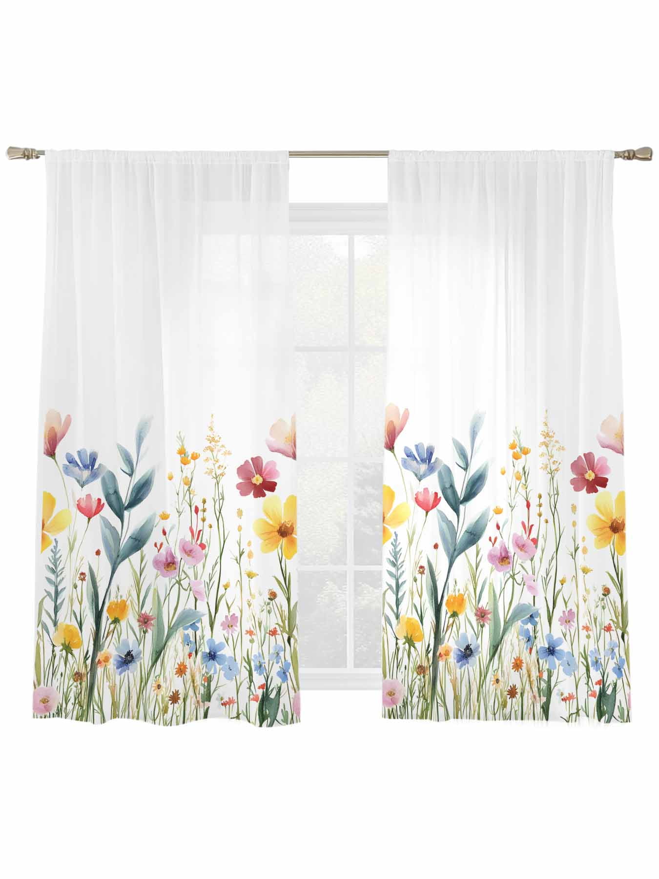 Spring Flower Sheer Curtains 2 Panels Set Blue Pink Yellow Floral ...