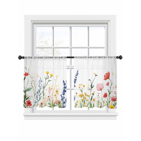 Spring Flower Sheer Curtains 2 Panels Set Floral Watercolor Hand-painted Modernism Sheer Window Curtains Light Filtering Rod Pocket Voile Drapes for Bedroom Living Room 52"x54"