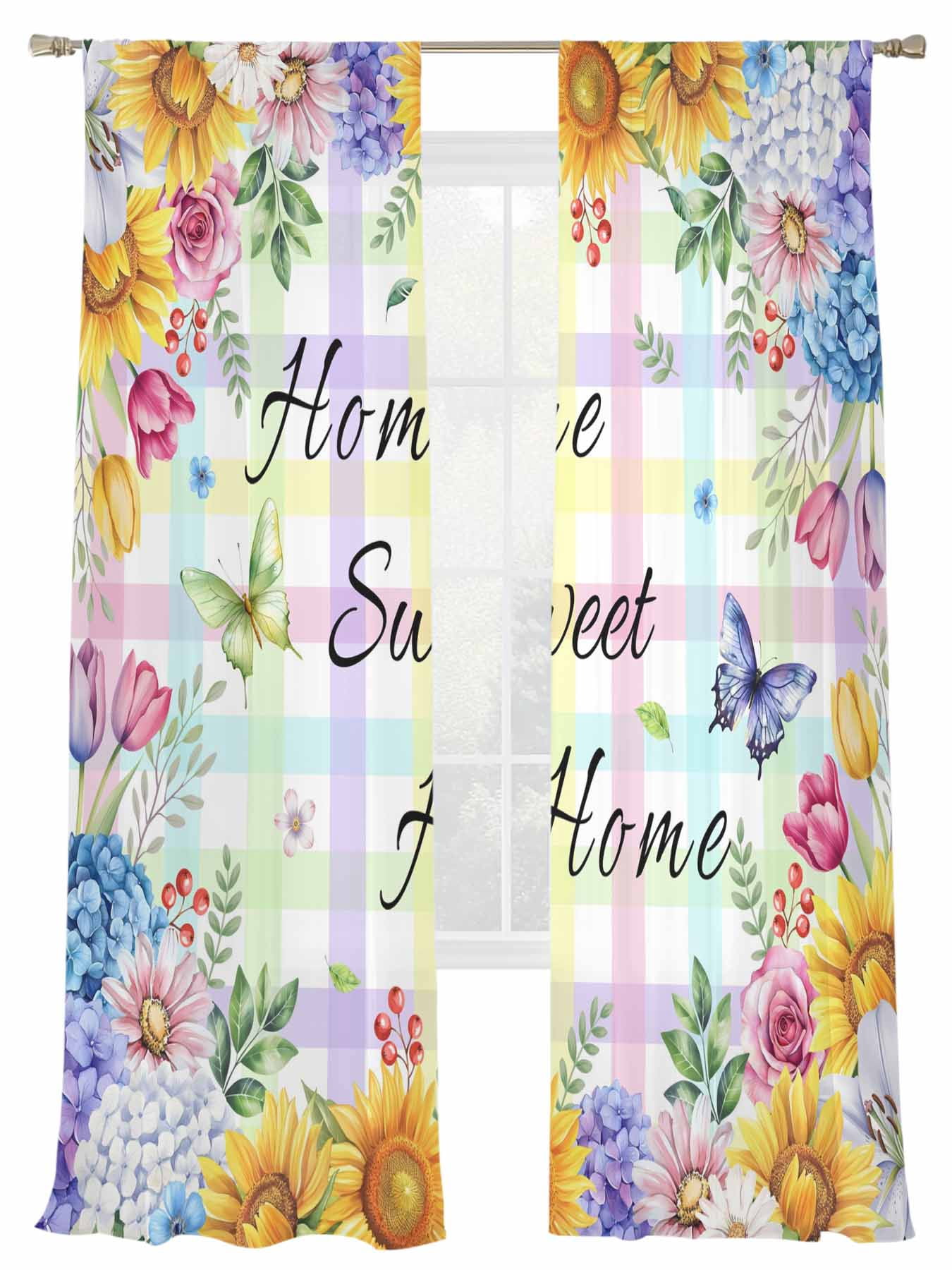 Spring Flower Sheer Curtains 2 Panels Set Home Sweet Home Sunflower ...