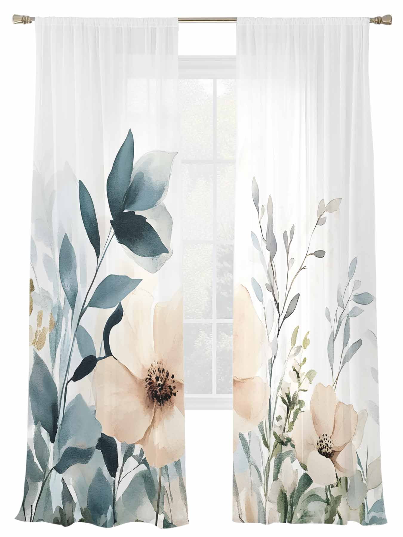 Spring Flower Sheer Curtains 2 Panels Set Rustic Watercolors ...